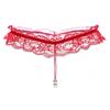 Women Sexy Faux Pearl Decor Crotch Thong Lace G-string Panties Underwear