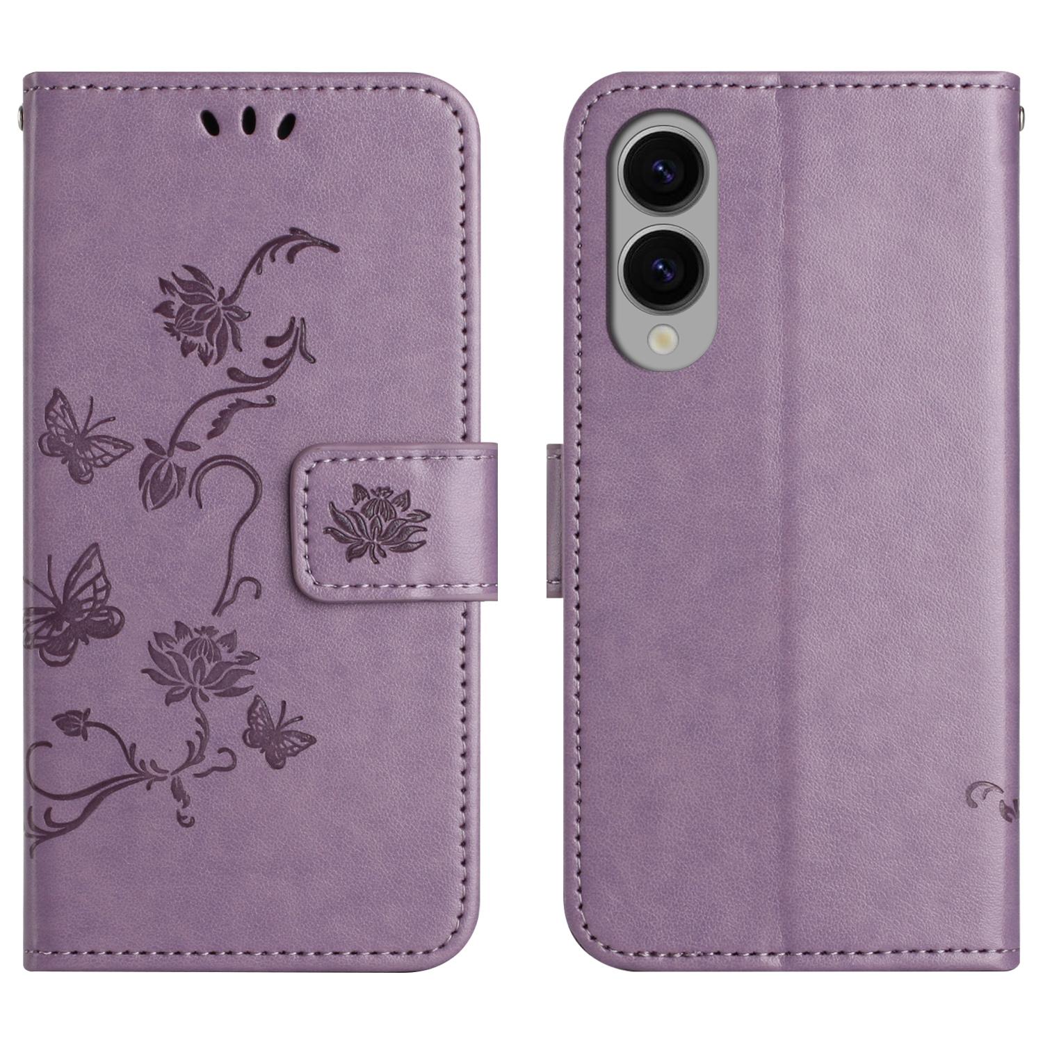

For Samsung Galaxy S25 Edge Case Wallet Stand Imprinted Butterfly Flower PU Leather Phone Cover Purple