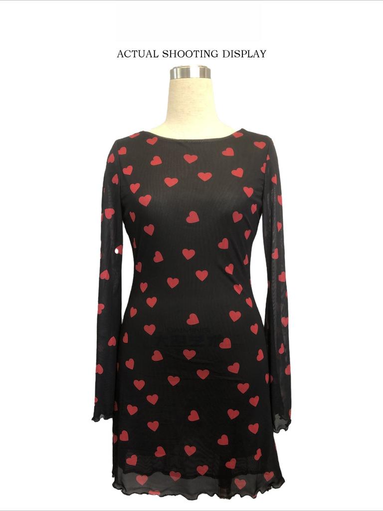 Spring Women Heart Print Bell Sleeve Backless Mesh Dress Mature Style French Retro Patchwork Slim Sexy Elegant Women Maxi Dress
