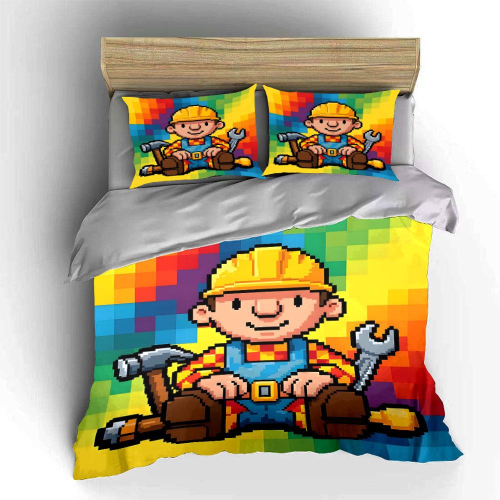 Colorful Pixel Art Builder Bedding Duvet Cover Set (1*Duvet Cover 2*Pillowcases, Without Duvet Insert)