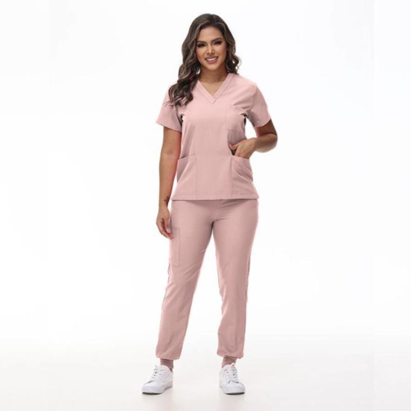 Medical Scrub Suit Healthcare Worker Scrub Top and Pants, Doctor's Work Uniform Elastic Quick-dry Short Sleeve Long Pants Nurse Outfit Set