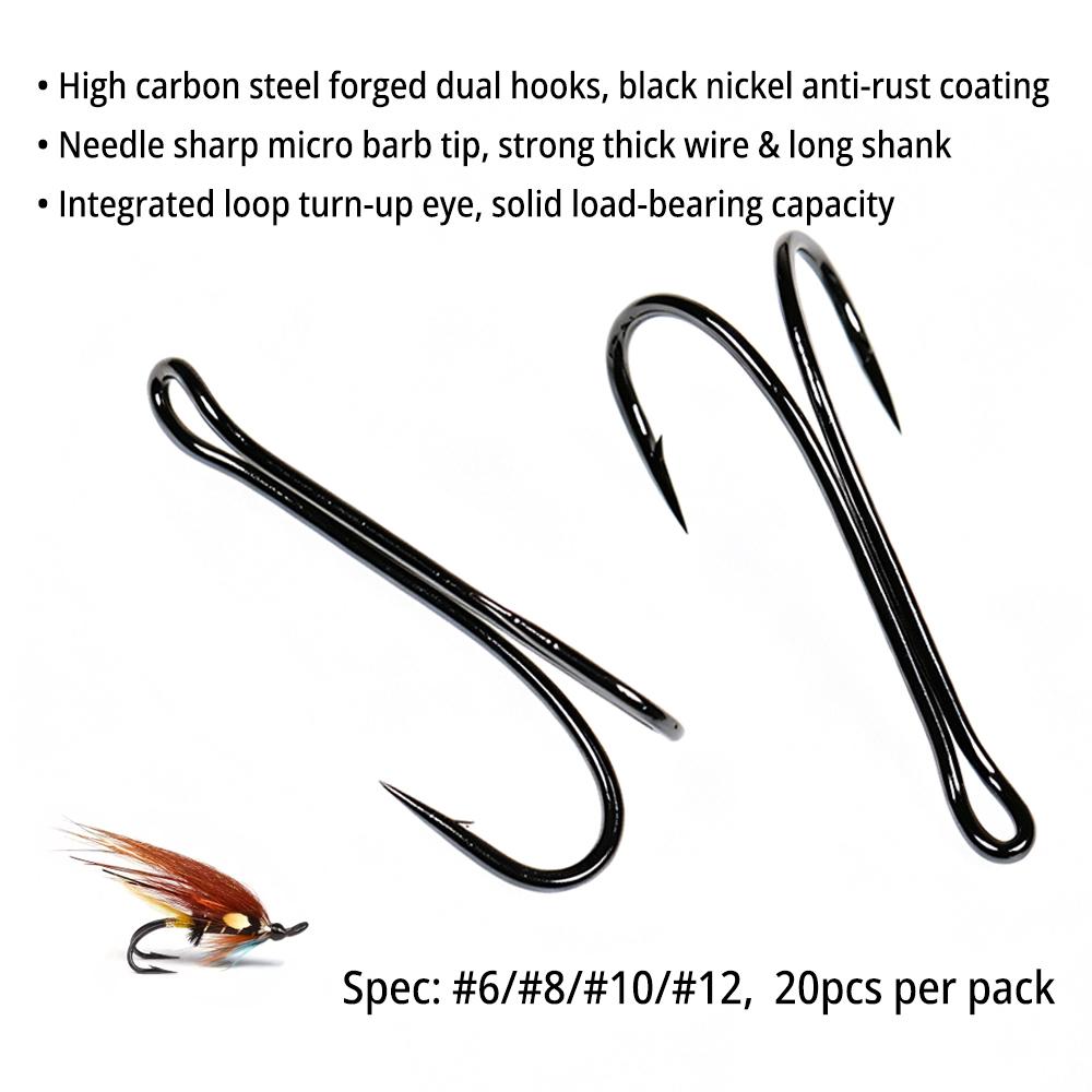 20PCS #6-#12 Salmon Double Fly Hooks High Carbon Steel Black Nickel Sharp Barb Streamer Wet Flies Trout Steelhead Fishing Lures