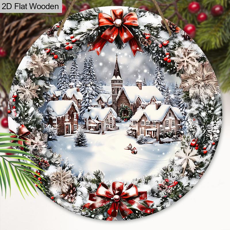 Caldo Inverno Natale Segno di Legno con Motivo Città Innevata - Placca Navidad per Porta d'Ingresso, Decorazione da Appendere alla Parete - Decorazione Natalizia Ideale