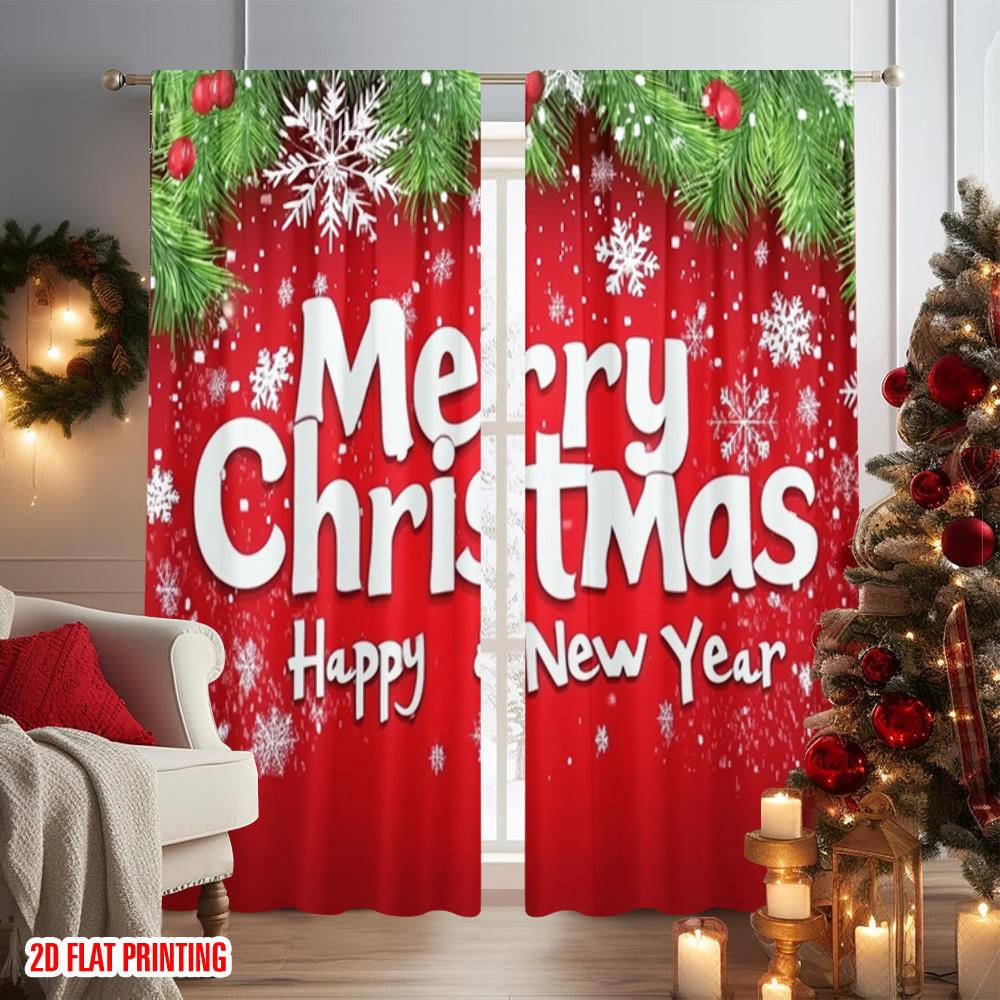 Flat Printing Merry Christmas Popular Curtain New Year Polyester Without Electricity Birthday Party Use Curtains Set Of 2 Made