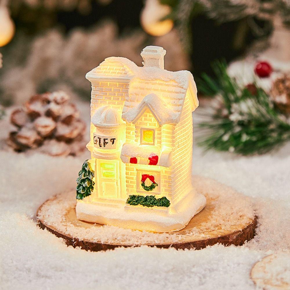 White Christmas Glowing Small House Resin Xmas House Ornament Cartoon Table Decorations Home Decor