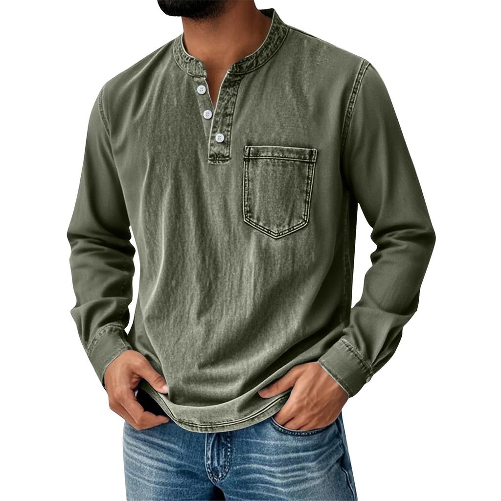 Men's Henley Long Sleeve T-Shirt Vintage Washed Denim Casual Tops Button Down Crew Neck Loose Fit Daily Streetwear for Men
