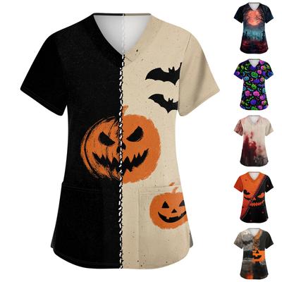 Women V Neck Short Sleeve Scrub Top with Dual Side Slits and Pockets Halloween Pumpkin Bat Print Work Shirt