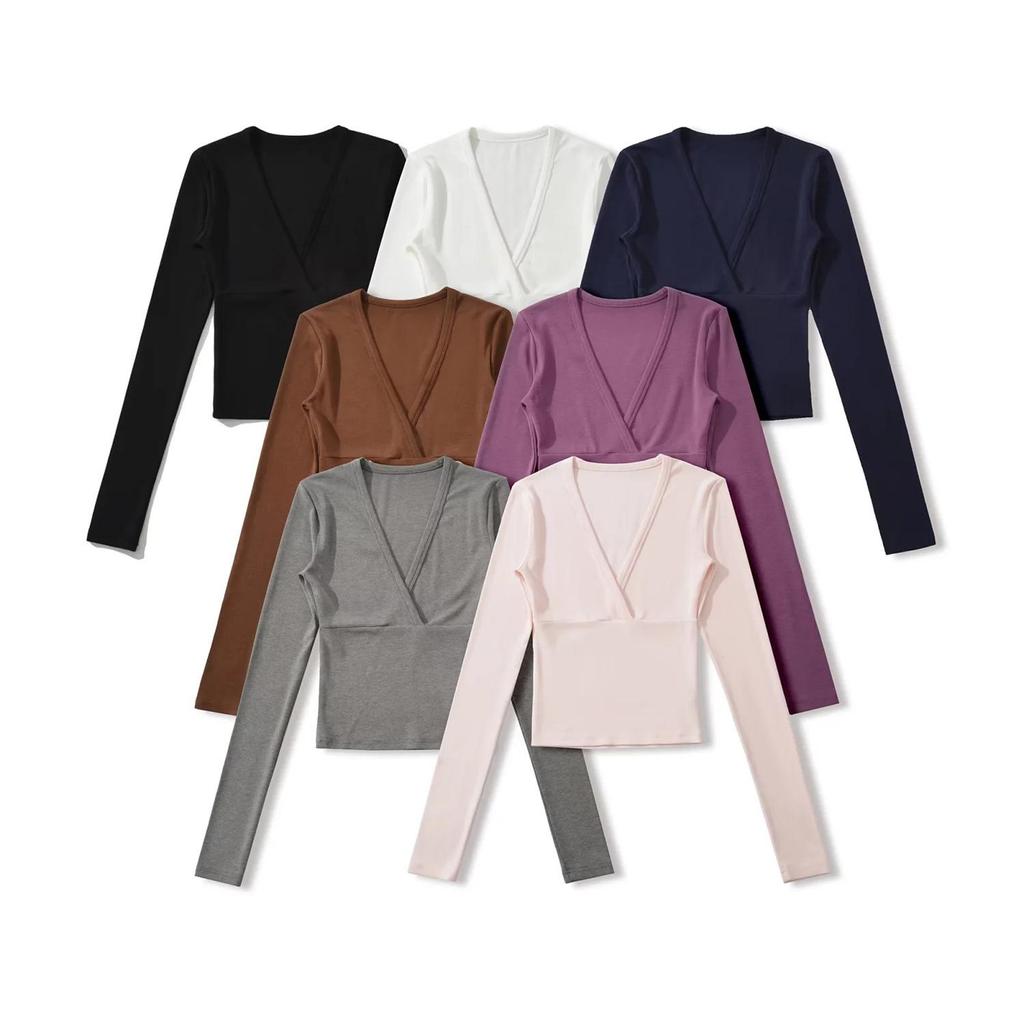 Women's Spicy American Deep V-neck Waist-cinching Long-sleeve T-shirt - Slim Fit for Autumn