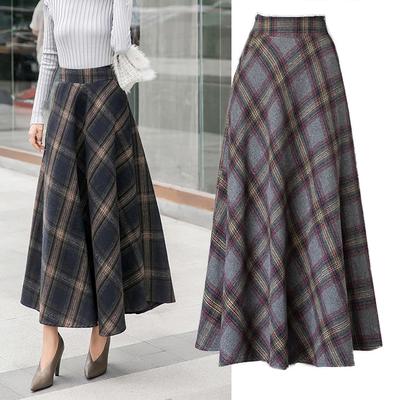 Tooxika Women's Half Length Skirt, Woolen Long Skirt, High Waist, Versatile Plaid Pattern, Large Hem, A-line Long Skirt