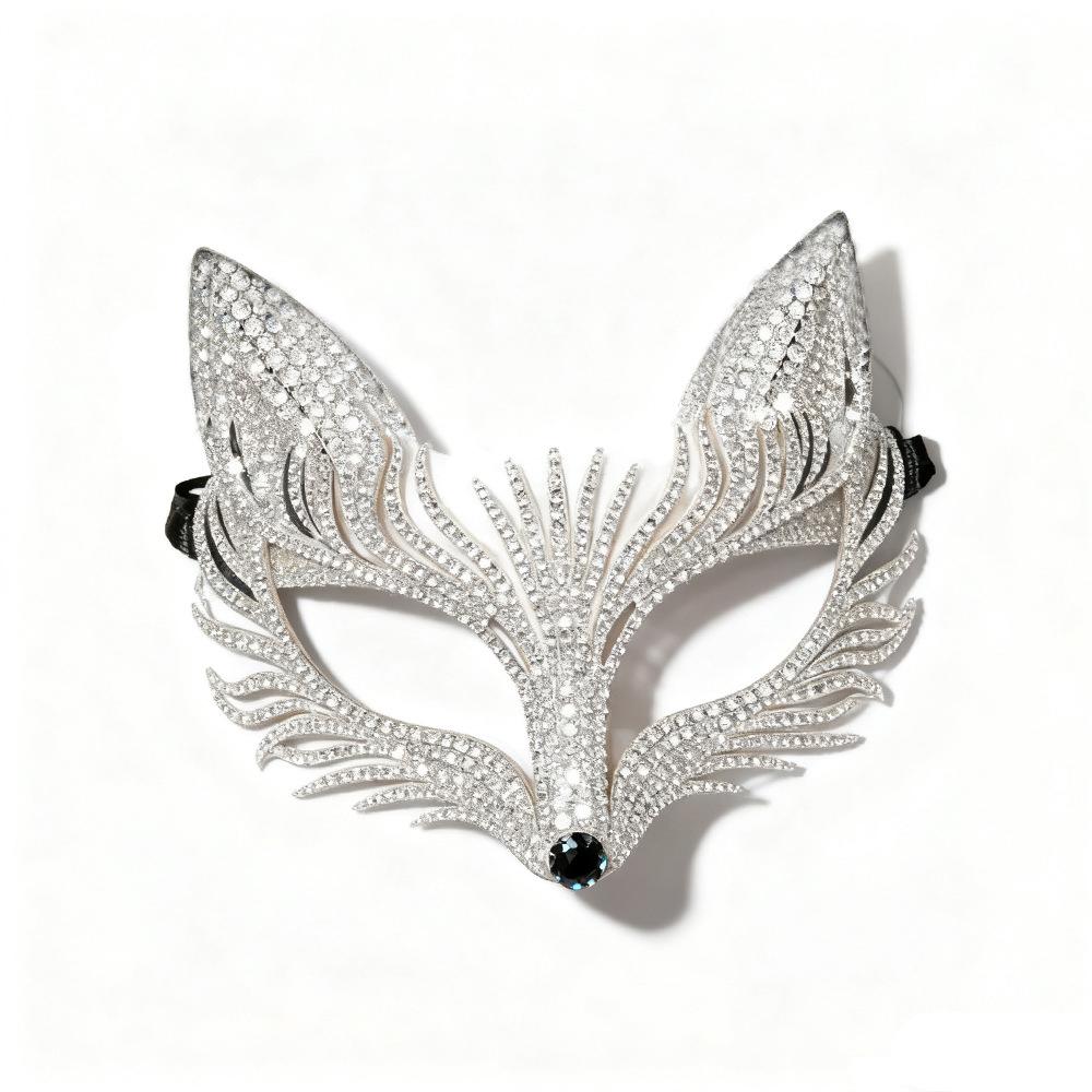 Halloween Rhinestone Fox Mask Veil Masquerade Women Accessories Carnival Cosplay Geometric Crystal Face Chain Mask Party Jewelry