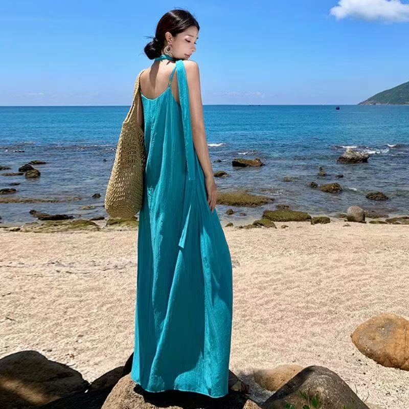 New Summer Literary Seaside Vacation Wind White Three-dimensional Flower Straps Suspender Long Dress Dress