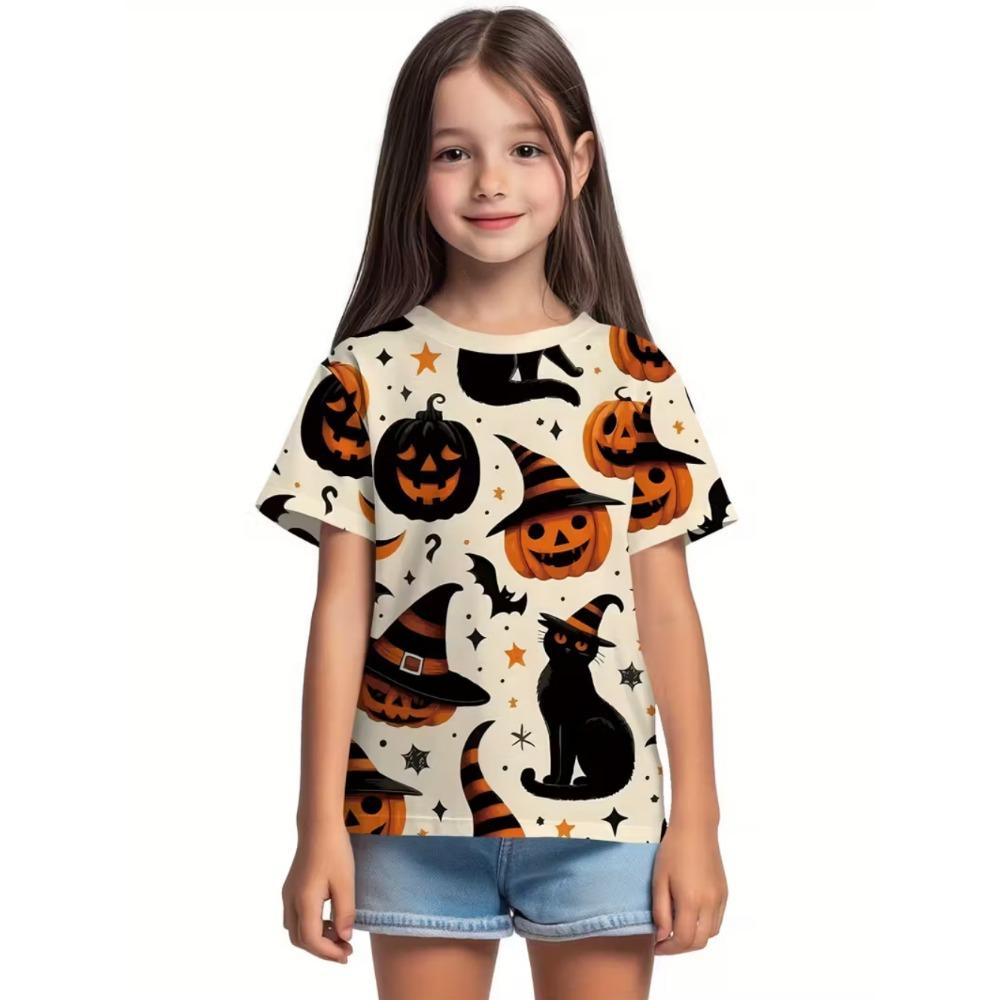 Girl's T-shirt Halloween Cartoon Pumpkin Print Round Neck Short Sleeved Top Fashionable Girl's Clothing Holiday Children's Clothing