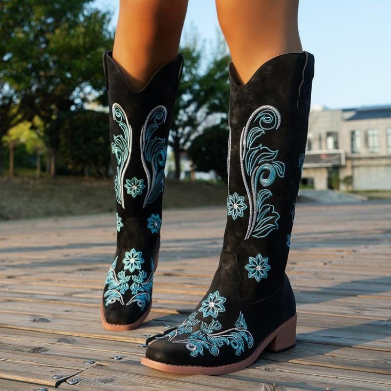 Dámské vysoké boty Retro vyšívané západní kovbojské boty pro ženy Špičaté vysoké podpatky Kožené kotníkové boty Módní rytířské Botas