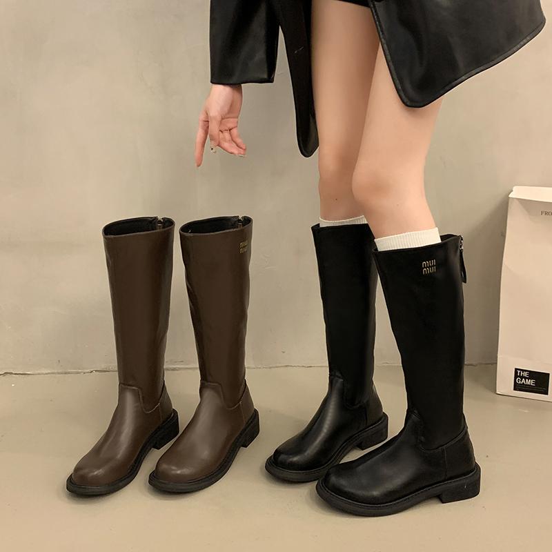 New Style Women's Petite High-top Versatile Riding Boots Autumn/winter Thick Base Long Tube Slimming Boots Rubber Upper Material