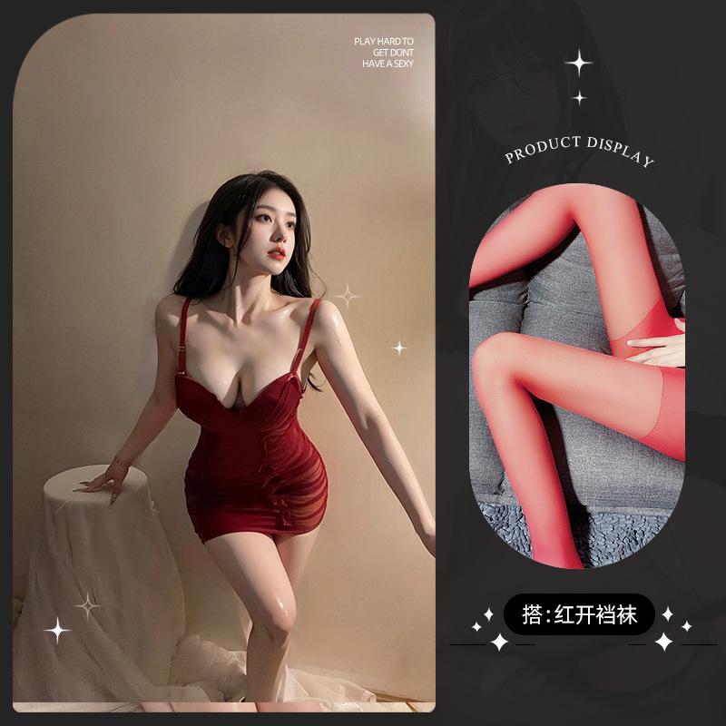 Sexy lingerie sexy deep vA wrinkled mesh perspective seduction hot suspender nightdress set