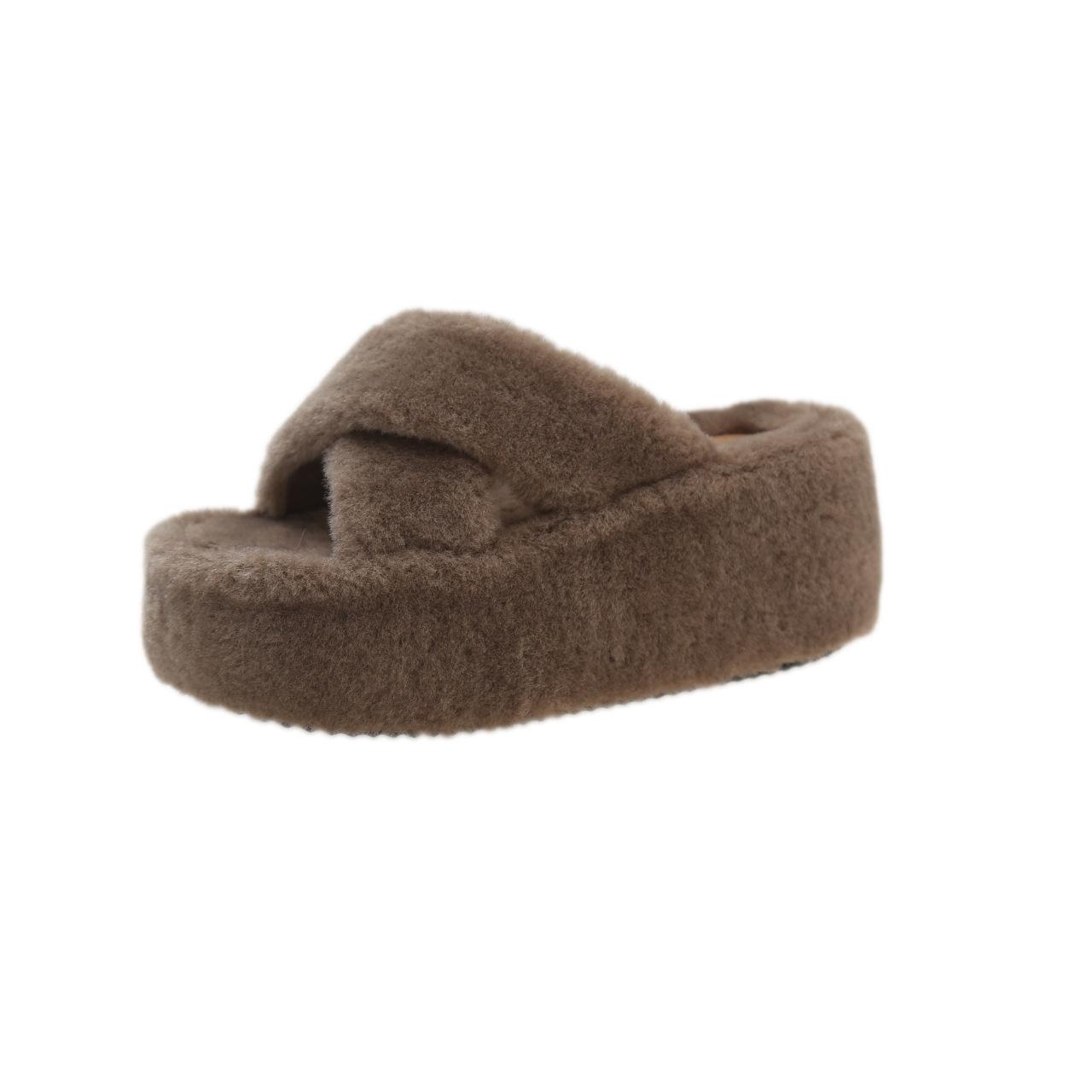 

Korean version of fashion wedge slippers women s 2025 new thick velvet one-line wool slippers ~ 8CM cotton slippers are worn outside in autumn 39