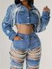 Europäische Damen-Jeansjacke mit Rissen, Fransen und Perlenketten