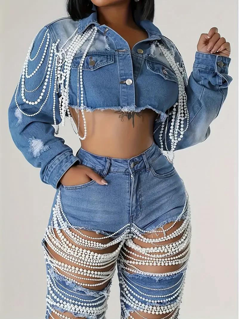 

European Women s Ripped Denim Jacket with Tassels and Pearl Chains Medium