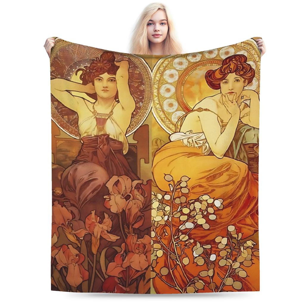 Language of Flowers Alphonse Mucha   Plush Blanket Students  Flannel Throw Blanket For Outdoor Soft Custom DIY Quality Bedspread