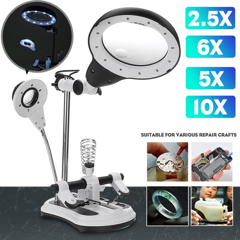 2.5x/5x/6x/10x Soldering Iron Station Stand Welding Magnifying Glass 2.5X-11.5X Lens Magnifier Soldering Repair with LED Light EU Plug 29*13*15.5cm