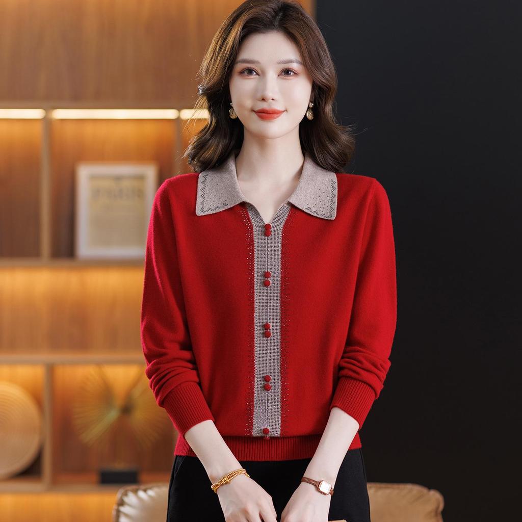 Women's Lapel Wool Sweater - Red, Warm, Stylish, Loose Fit for Middle-Aged & Elderly (Autumn/Winter Collection)