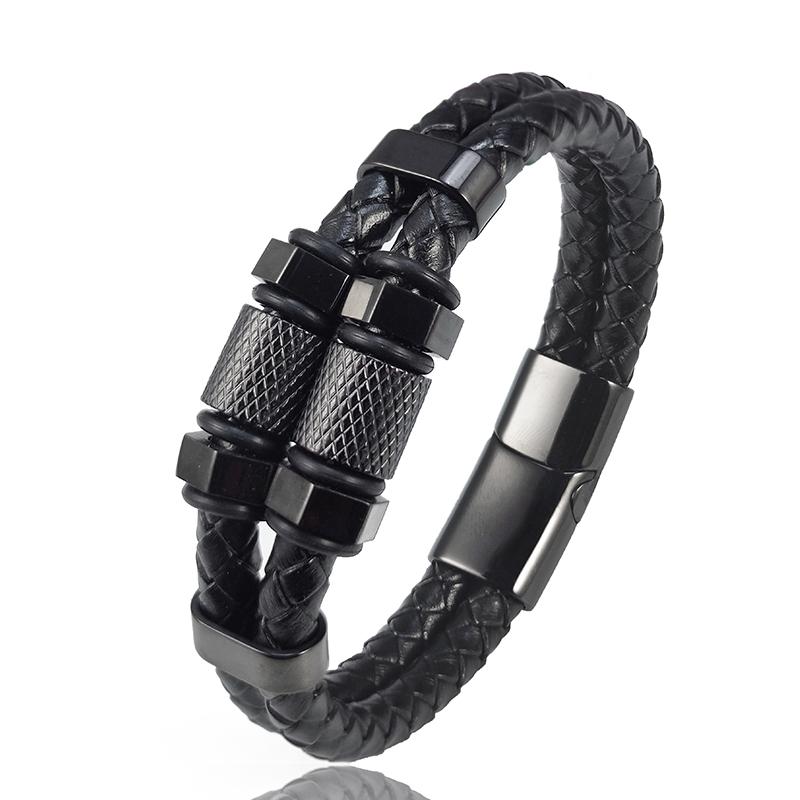 

Charm Hexagon Leather Bracelet for Men Fashion Punk Stainless Steel Magnetic Clasp Bracelet Jewelry Pineapple Grain Accessories 22cm