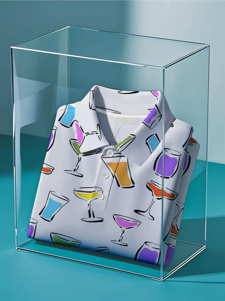 Men'S Short-Sleeve Polo Shirt with Flat Digital Print Pattern - Textured-Free - Colorful Wine Glass Design Print, Stylish And Easy Short Sleeves,