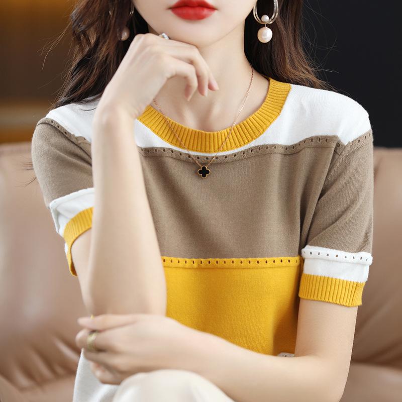 Summer Women's Knitted T-shirt Round Neck Hollow Out Pullover Knitted Half Sleeved T-shirt for Women