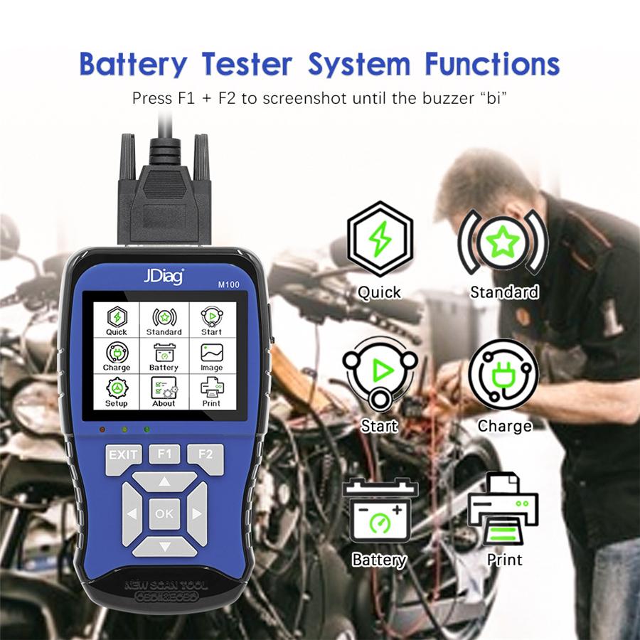 Skaner OBD2 motocyklowy Uniwersalny czytnik kodów Tester akumulatora Narzędzie diagnostyczne JDM100