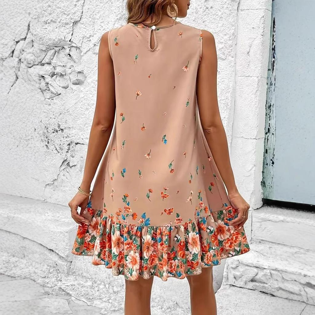 Summer Elegant Dresses for Women Loose Pleated Beach Sundress bohemia Floral Print Dress Ruffle sleeveless Sweet tank Mini Dress