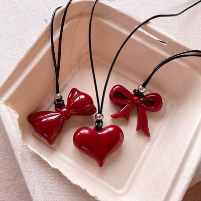 New Christmas Red Bow Heart Pendant Love Personalized Gifts Jewelry Creative Sweater Chain For Women Girls