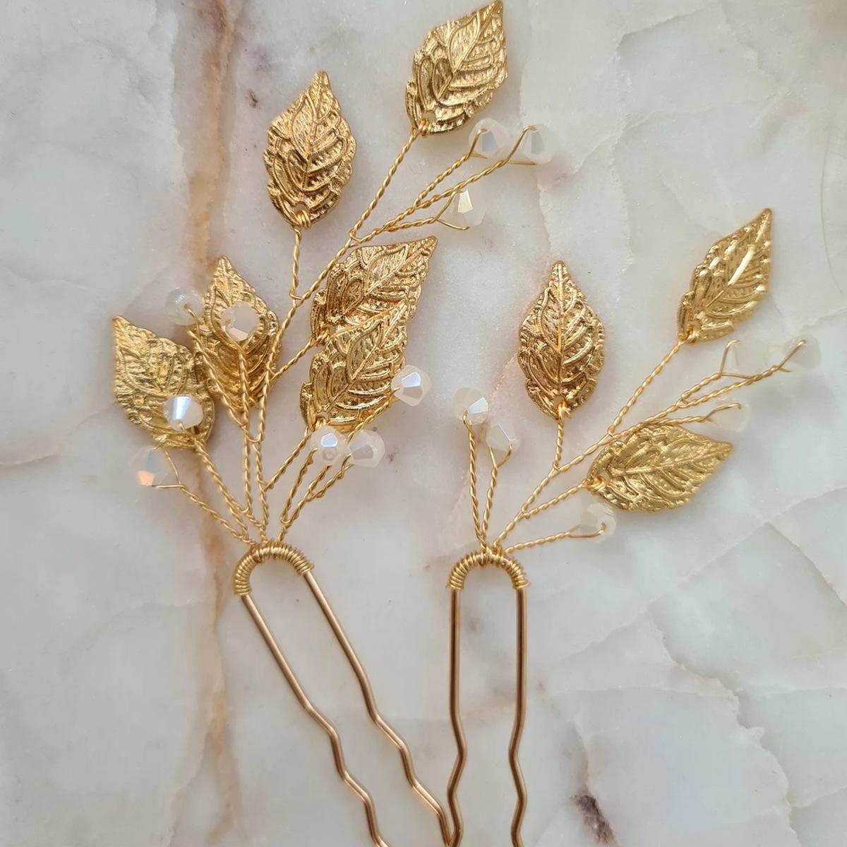 Europe and America Cross Border Golden Leaf White Jade Crystal U Shape Hair Clasp Pin Headdress Factory Direct Sales Lot серебряный
