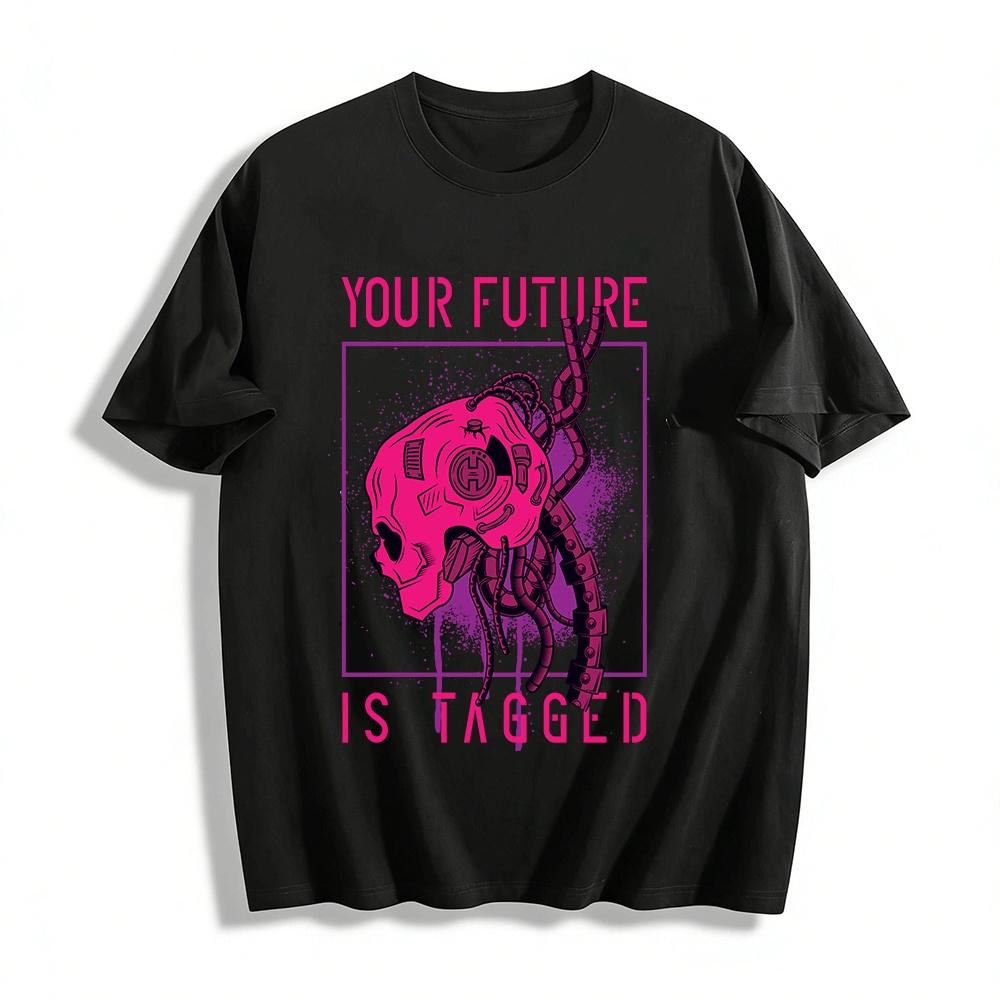 Cyberpunk Mechanical Skull Graphic Edgy Casual Short Sleeve T-Shirt Pure cotton T-shirt XXS
