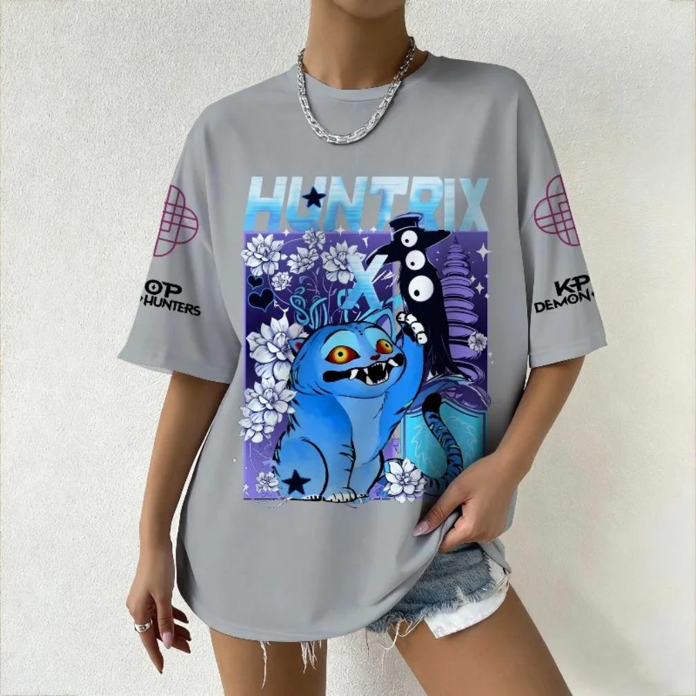 Women's Summer KPop Demon Hunters Graphic T-Shirt HUNTRIX Derpy Tiger & Floral Printed Top for Fashion Streetwear Casual Trendy