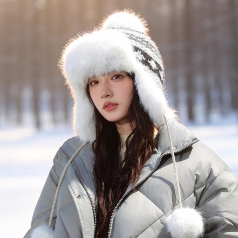 New winter women's warm ear cap thickened pom-pom Lei Feng hat outdoor cold-proof ski cap manufacturer