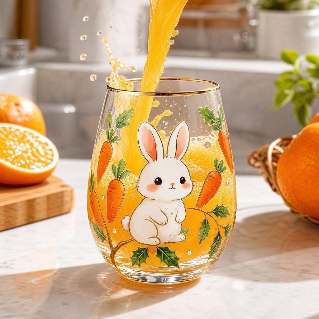 Glass Drinking Cup with Bunny and Carrot Print Stemless Design Suitable for Juice Water and Cold Beverages Durable Household Glassware