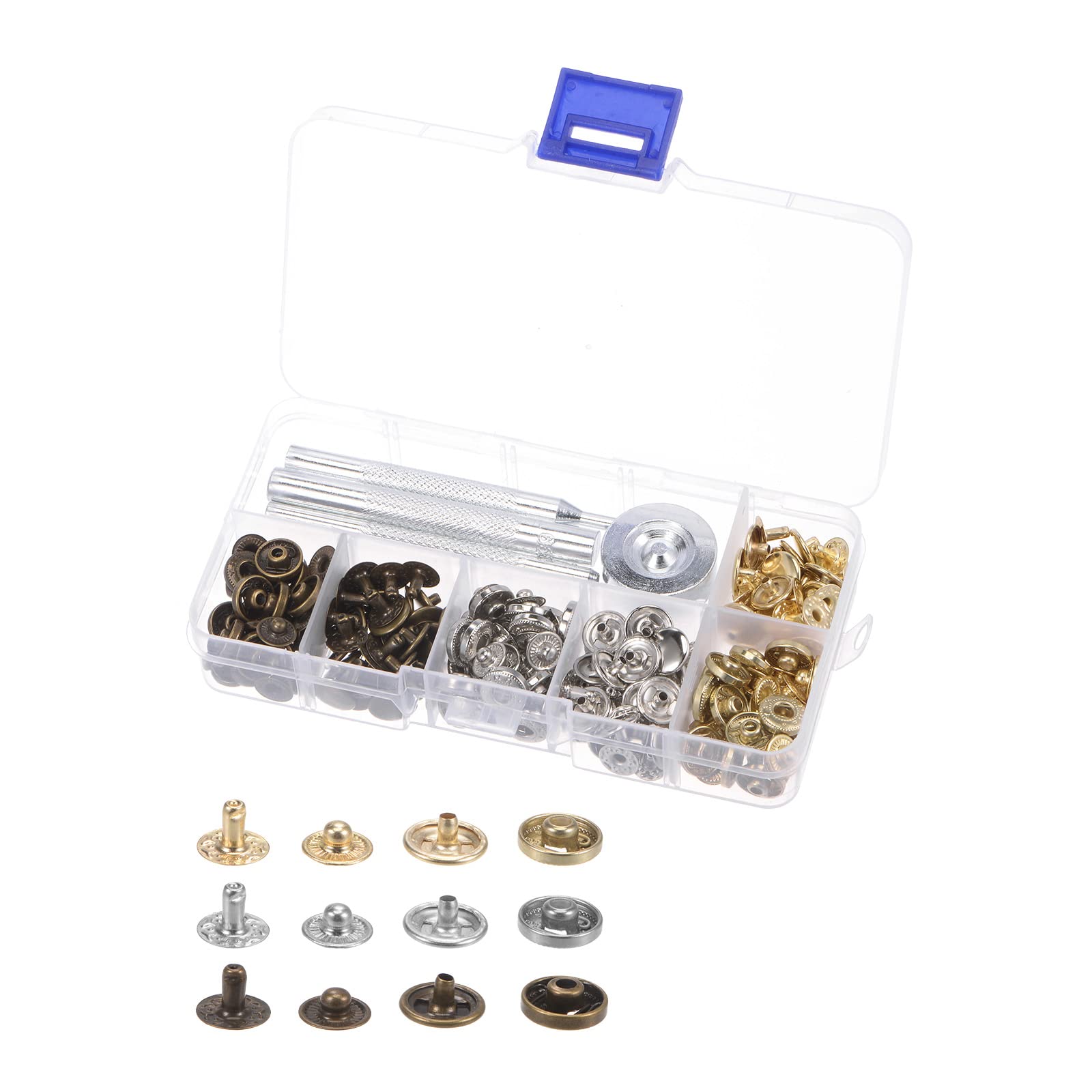 

uxcell Leather Snap Fastener Metal Press Stud Button Tool with 4 Setters and Storage 60 Sets for Clothing and Leather Sewing Kit, Box, 10mm,