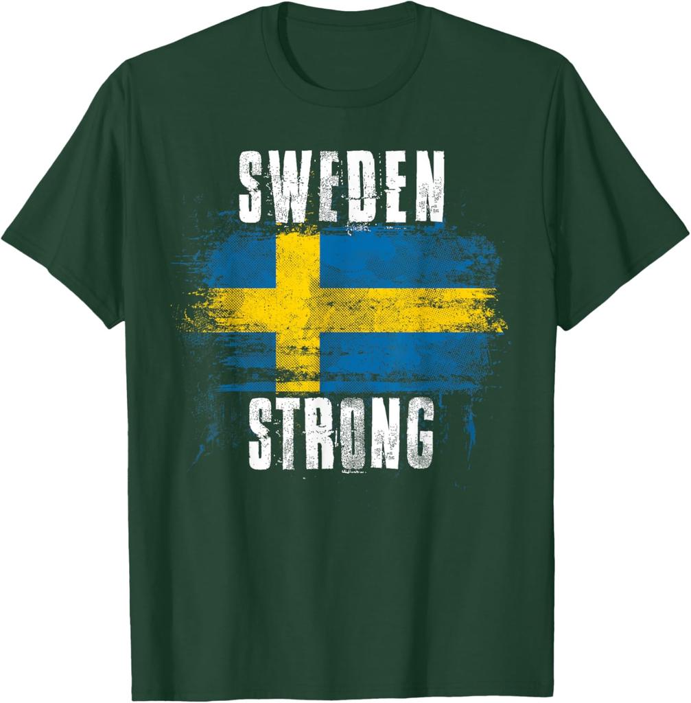 Sweden Strong Distressed Flag Swedish Pride TShirt Short Sleeve Casual Cotton Shirt