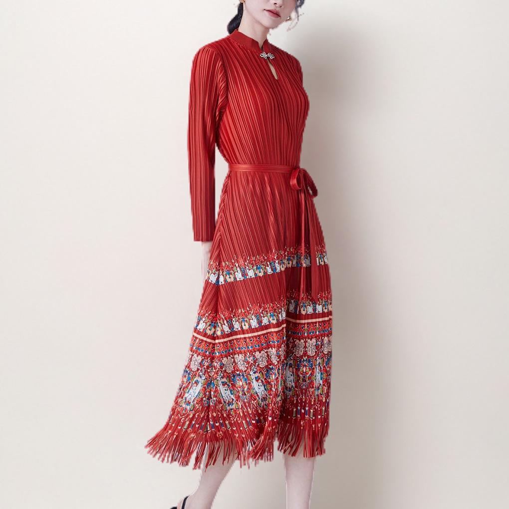 

Платье миди в этническом ретро-стиле премиум-класса с плиссировкой для женщин больших размеров One Size красный