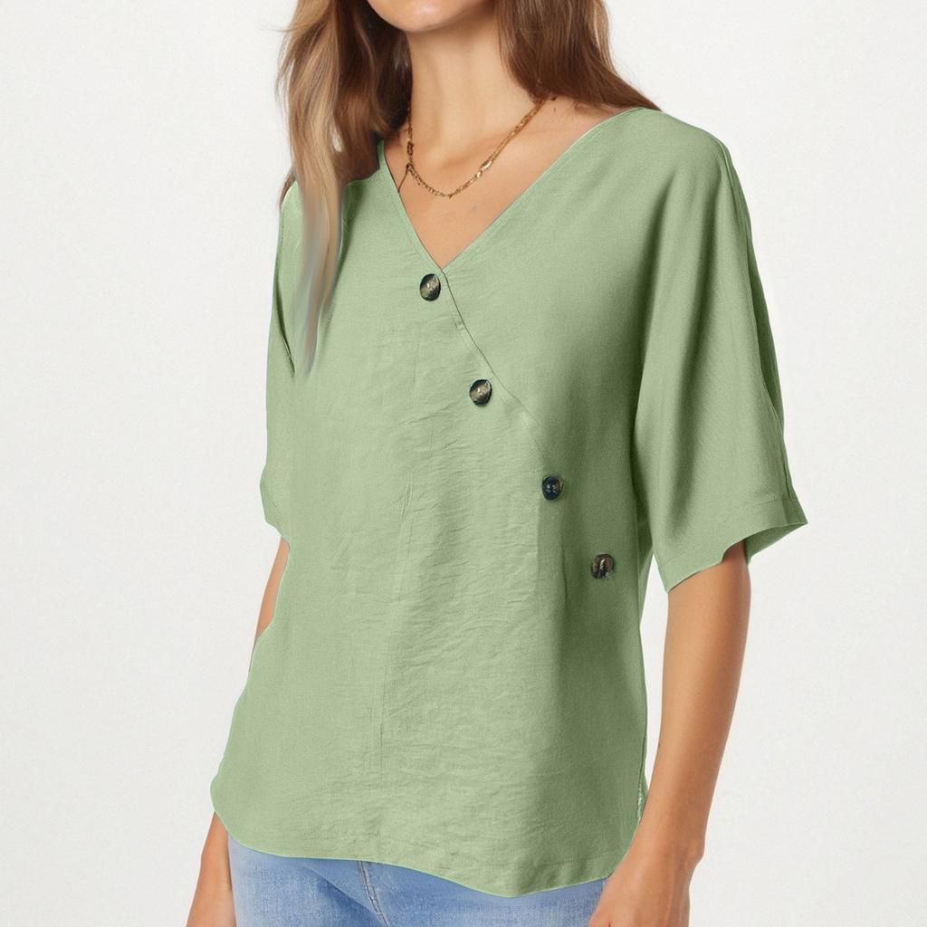 Women's Fashionable Loose Casual V-Neck Solid Color Button Up Top Solid Color Button Up Top