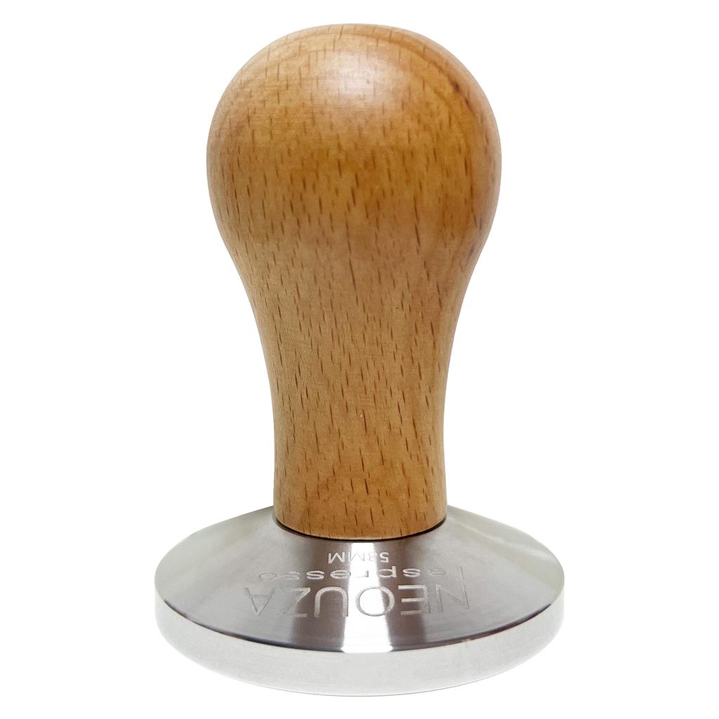 NEOUZA Espresso Coffee Tamper 58mm Flat Base Chrome Plated 304 Stainless Steel Wooden Handle Barista Bean Powder Press Fits E61 Group Machines