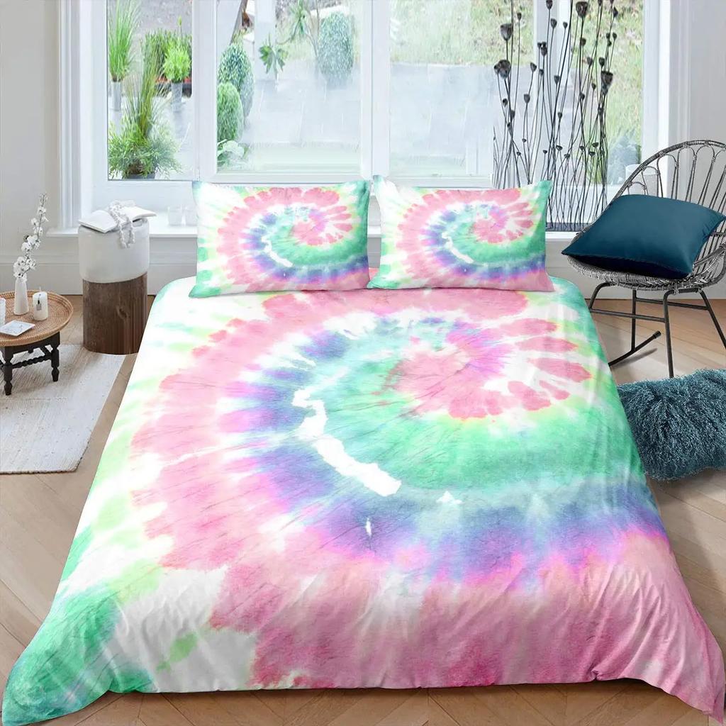 Tie Dye Duvet Cover Set Bohemian Hippie Spiral Bedding Sets Ethnic Boho Comforter Cover Set Swirl Tie Dye Pattern Quilt Covers