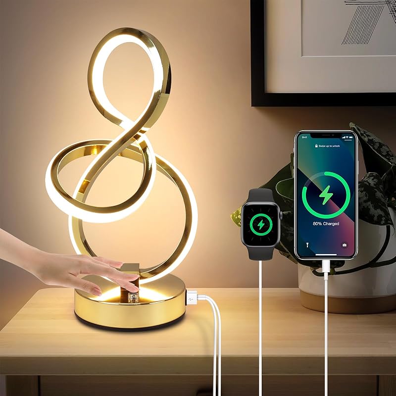 Modern Spiral Table Lamp, 7 Colors 10 Light Modes LED Nightstand Small Lamp with USB C+A Ports, Touch Dimmable Lamps for Living Room Bedroom Bedside,