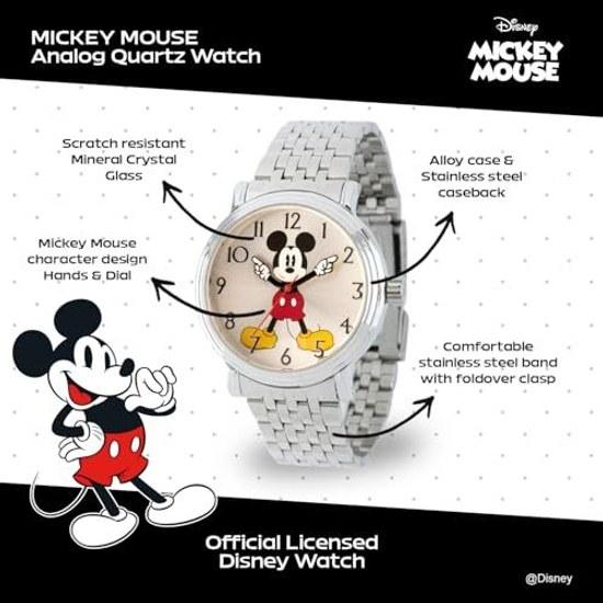 Disney Mickey Mouse Jointed Hand Watch Mens - Stylish Classic Timepiece White Dial Silver Case Stainless Steel Strap