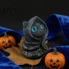 Fantasy Creature Figurine Mysterious Hooded Black Cat Resin Figurine, Gothic Wizard Statue with Big Eyes, Witch Themed Decoration Mini Desktop