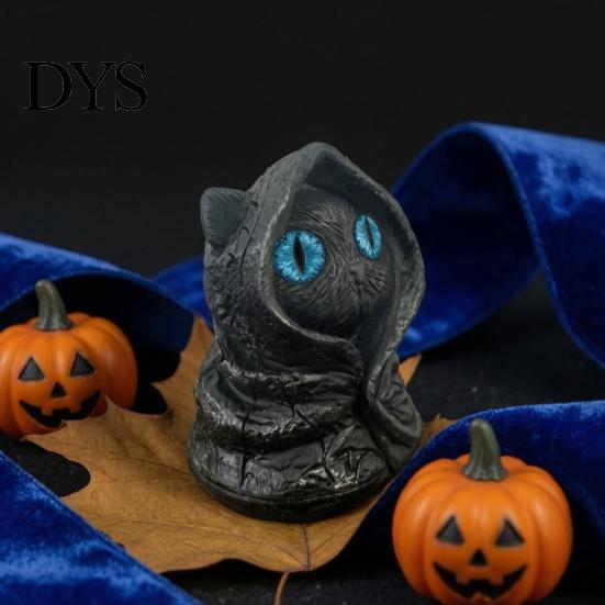 Fantasy Creature Figurine Mysterious Hooded Black Cat Resin Figurine, Gothic Wizard Statue with Big Eyes, Witch Themed Decoration Mini Desktop