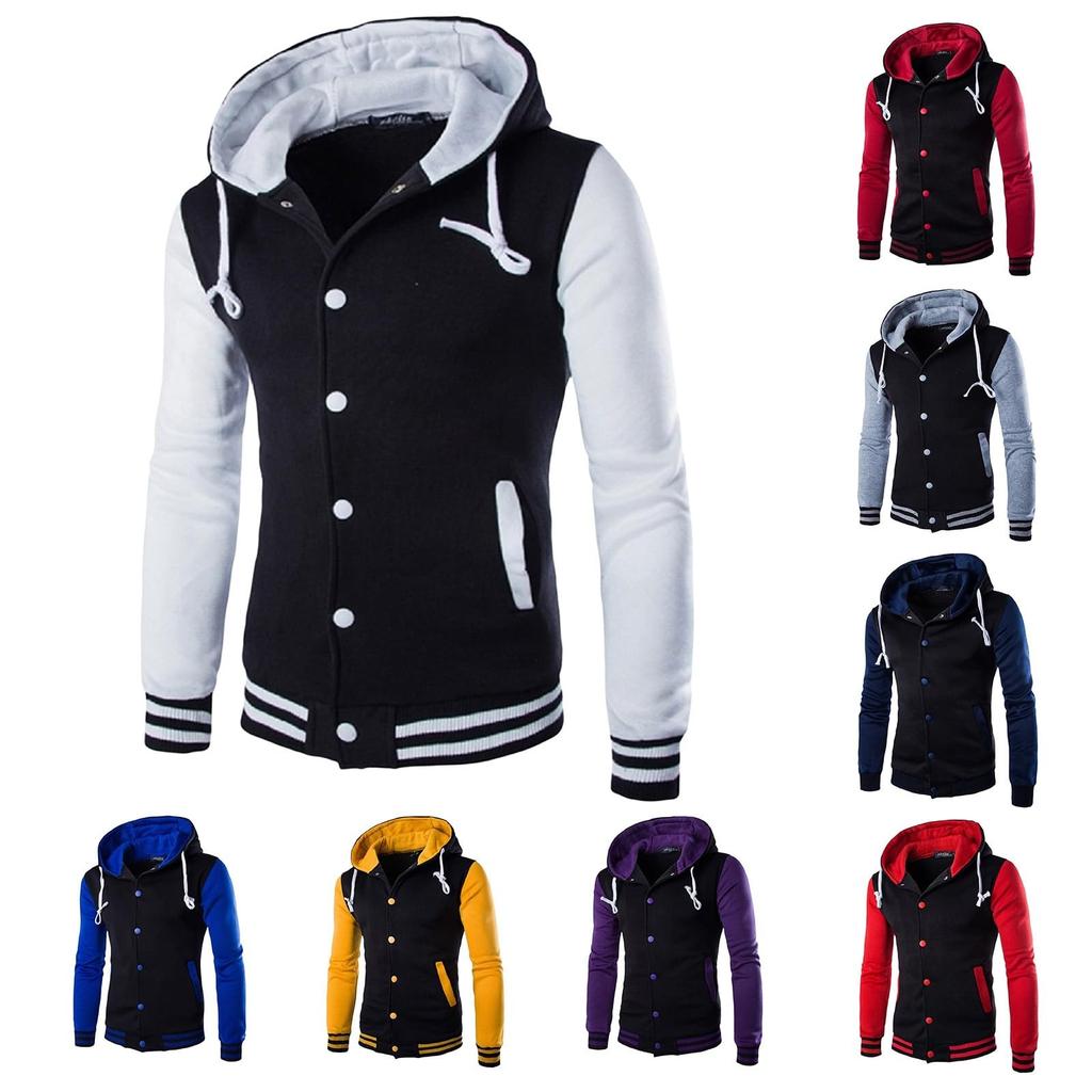Men's Slim Fit Baseball Jacket Casual Sports Hooded Fleece Lined Button Pullover Sweatshirt With Pocket