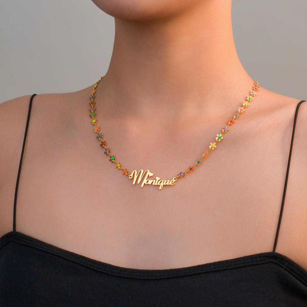 Atoztide Personalized Custom Name Necklace for Women Oil Flower Link Chain Stainless Steel Letter Fashion Pendant Jewelry Gift