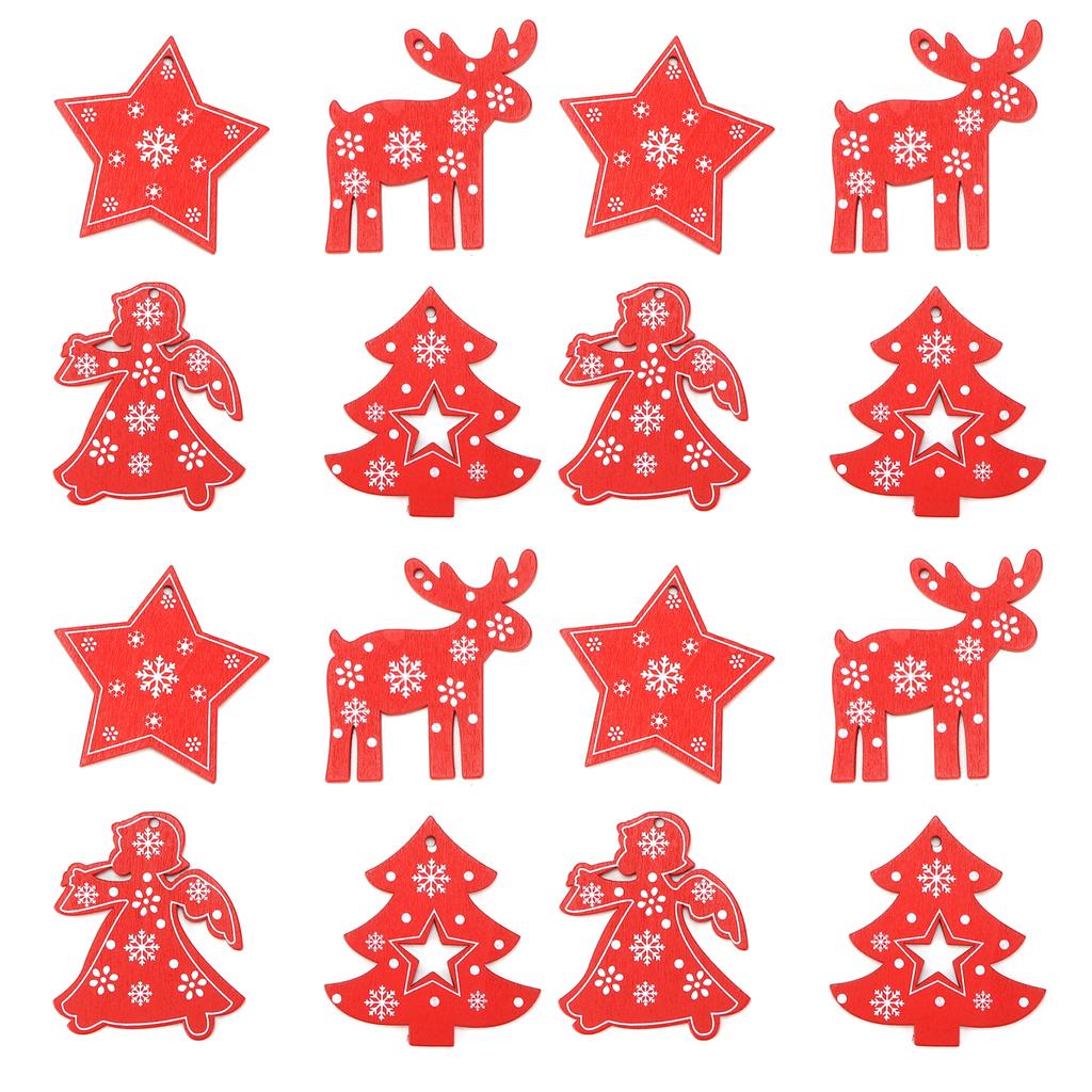 16Pcs Decorative Wood Chips Elk Star Angel Christmas Tree Wooden Hanging Ornaments with Twine