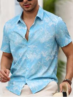 Camisa Masculina de Manga Curta com Botões Estampa Folha de Palmeira Tropical 2026, Camisa Casual de Verão Estilo Praia Casual